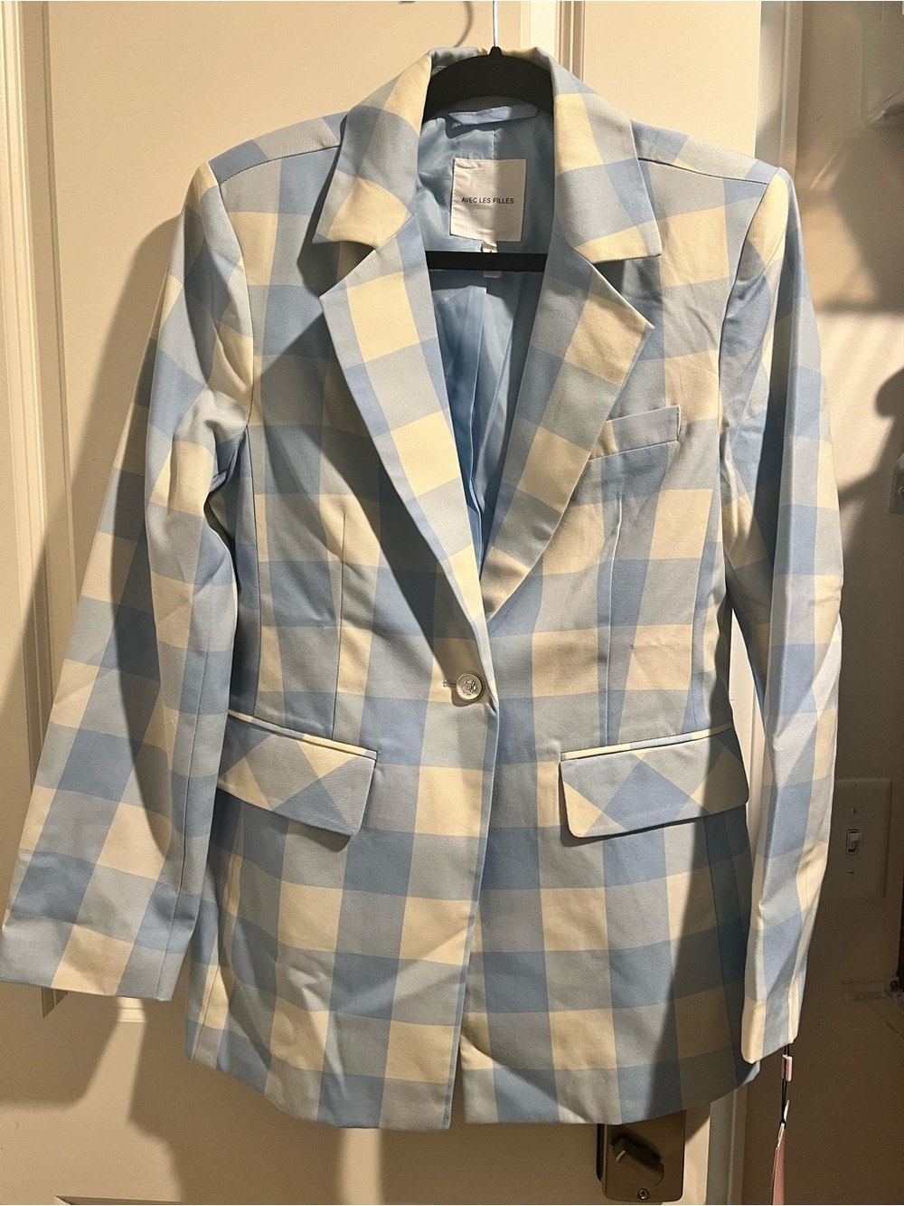 Avec Les Filles Light Blue and Cream Checked Single-Button Blazer